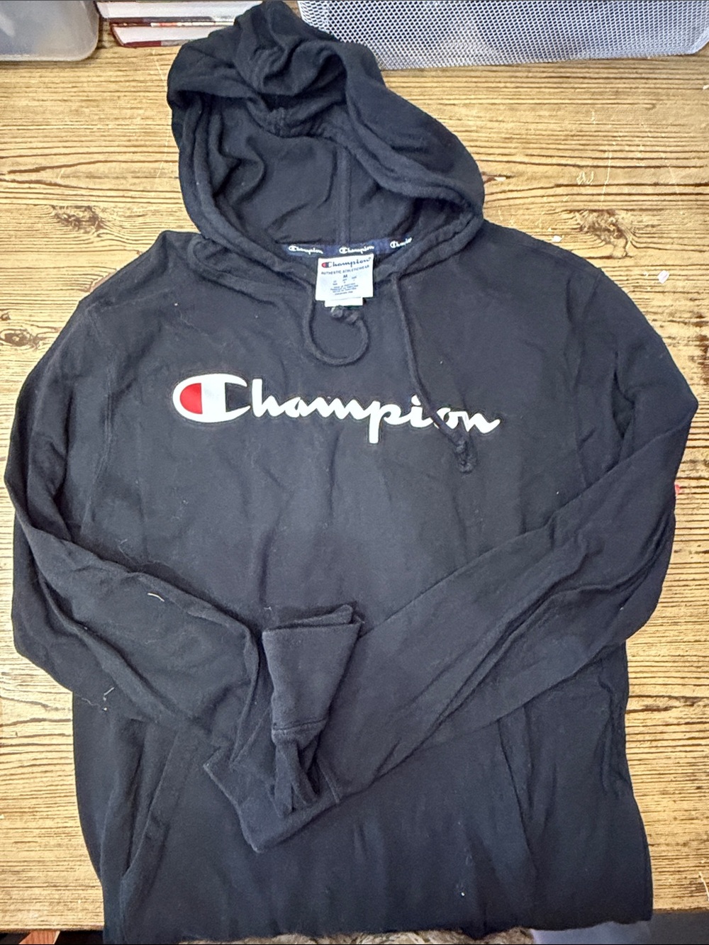 Champion Black Hoodie with White Script and Red Logo Accent